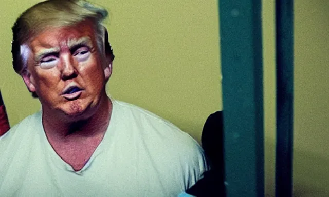 Prompt: full shot of donald trump in a dirty jail cell, body like ronnie coleman, in guantanamo, by ken loach
