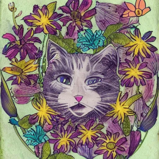 Image similar to image is fully filled with preserved flowers and detailing cat face is emerging from the center, rokoko style