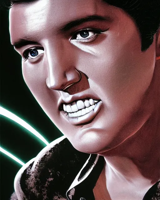 Image similar to a powerful energy elvis presley, by alexander fedosav, hyper detailed digital matte painting, concept art, hyperrealism, 1 6 k resolution, cinema 4 d, 8 k resolution, trending on artstation, behance hd, a masterpiece, by stephan martiniere, particles, cel - shaded, power bright neon energy, by david a. hardy,