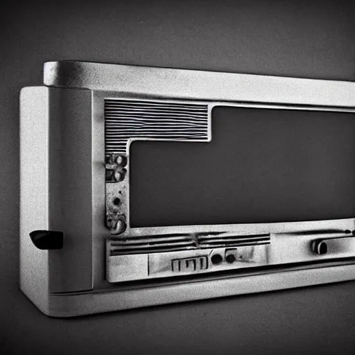 Prompt: an old, filthy, broken, 1960s-era, retro device, made of brushed steel, for displaying recipes, digital pong screen, set on a kitchen counter, dramatic constrasting light, redshift render, but as high contrast photography, featured on behance, golden ratio, f32, well composed, cohesive, from the show X-Files