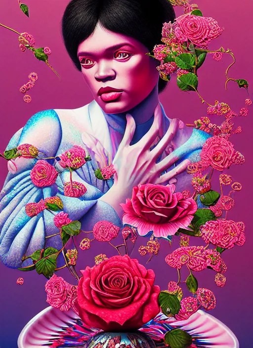 Prompt: hyper detailed 3d render like a Oil painting - James Brown aerochrome and milky Fruit and Her delicate Hands hold of diamond faceted roses, iridescent paisley patterns by Jacek Yerka, Ilya Kuvshinov, Mariusz Lewandowski, Houdini algorithmic generative render, Abstract brush strokes, Masterpiece, Edward Hopper and James Gilleard, Zdzislaw Beksinski, Mark Ryden, Wolfgang Lettl, hints of Yayoi Kasuma, octane render, 8k