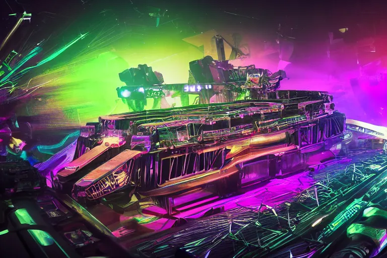 Prompt: photo of a concert ticket on a table, bandname is tripmachine, tour is invasion of the tripmachines, realistic digital art, 3 d render of a huge futuristic steampunk generator, 8 k, fluorescent colors, halluzinogenic, multicolored, exaggerated detailed, unreal engine