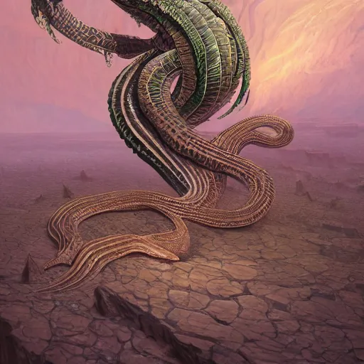 Image similar to desert river serpentine crinoid monster with reptilian iridescent scales, maximalist art nouveau, cgsociety, artstation by gustave dore and tyler edlin