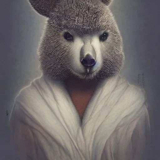 Image similar to histological bear rabbit hybrid character portrait by jean delville, tom bagshaw, brooke shaden, gustave dore and marco mazzoni, studio ghibli style, porcelain, organic, detailed fur, intricate details