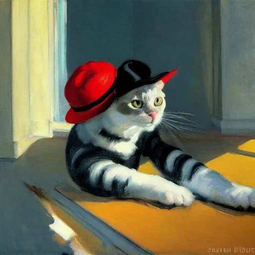 Image similar to a robotic cat wearing a hat, a highly detailed edward hopper painting, by adrian ghenie and gerhard richter. art by sorolla. masterpiece, flat surreal design with deep colours. 8 k. artstation