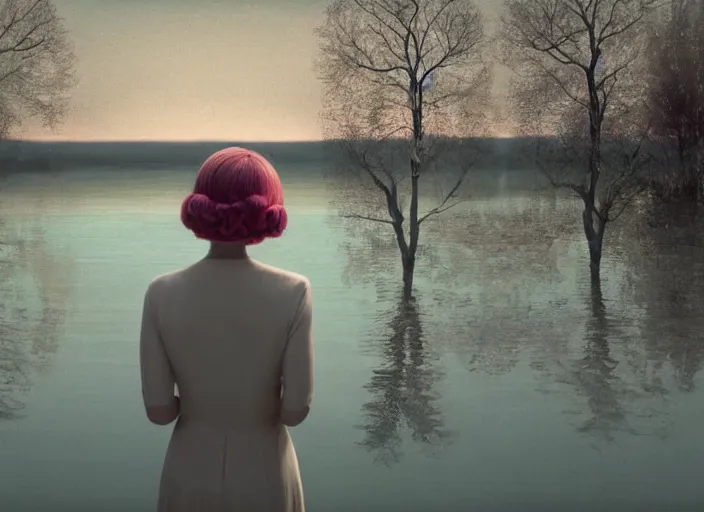 Image similar to cinematic mid shot of a high detail, refined woman's face looking off camera. fine facial features. she stands in an empty, pastel colourful 3 d, lake scene, shallow depth of field, floating in the sky, by jeffrey smart and gregory crewdson and edward hopper, inspired by the grand budapest hotel