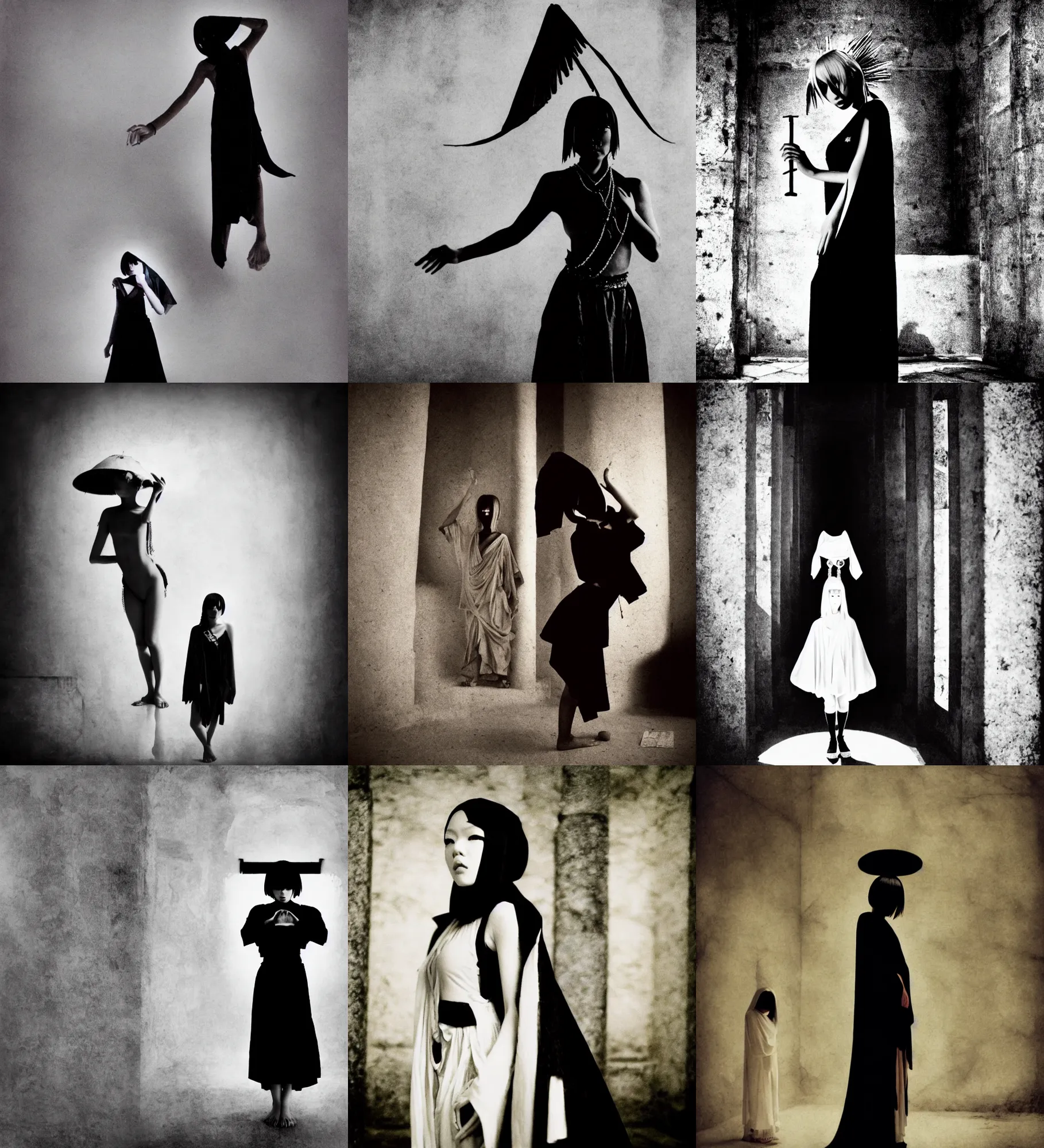 Prompt: lomography, full body portrait photo of women like reol from a distances as a priestess holding a magical ritual in a ancient temple interior, moody, realistic, strong silhouette, dynamic perspective pose, dark, skin tinted a warm tone, hdr, rounded eyes, detailed facial features, white gold black, nobuyoshi araki