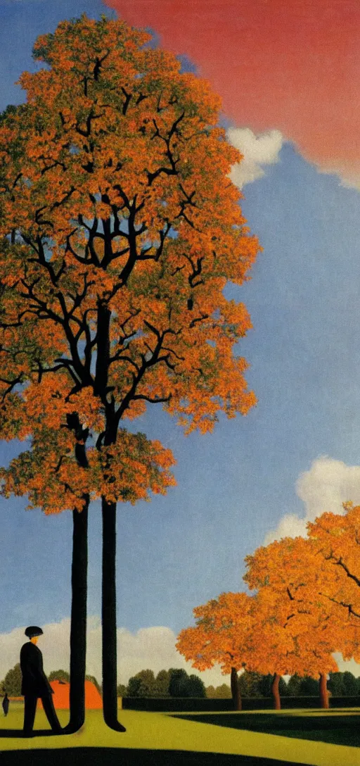 Image similar to Sunset on an autumn day in the park by Rene Magritte. Leaves falling. Shadows. Philosopher walking.