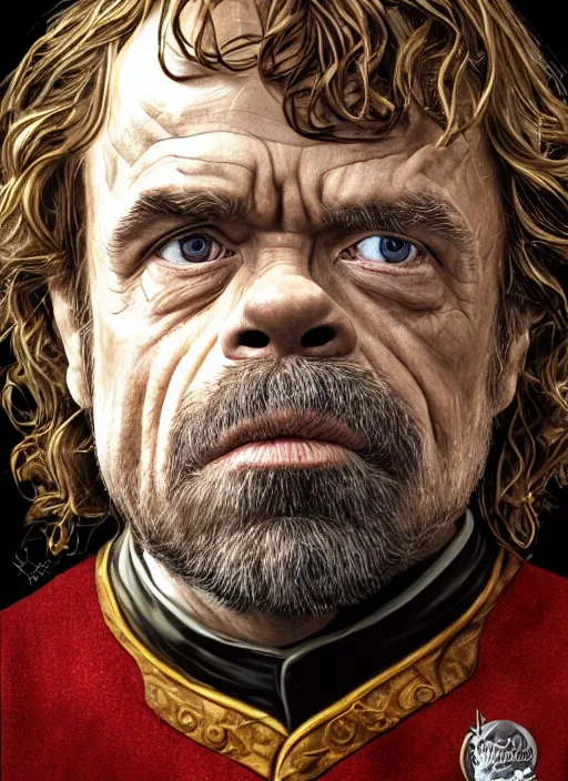 Prompt: portrait of warwick davis as tyrion lannister, by anne stokes and larry elmore, lucian freud and drew struzan, detailed matte painting, realistic portrait, symmetrical, highly detailed, digital painting, artstation, concept art, smooth, sharp focus, illustration, cinematic lighting, 8 k resolution