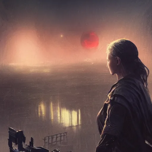 Image similar to A portrait of a blue eye girl, ruins of a destroyed city and a yellow-red moon on background, techwear, Sith, battle worn, night, rainy atmosphere, natural volumetric light, intricate, highly detailed, digital painting, concept art, sharp focus, illustration, Star Wars art, art by greg rutkowski, matte painting, trending on artstation