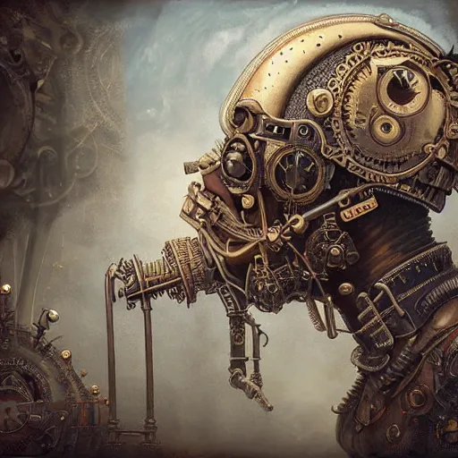 Prompt: dan mumford tom bagshaw, dream world curiosities carnival flying, photorealistic soft paint of a single very beautiful helmet full long steampunk metallic armored ornate, ultra deep fog, partial symmetry accurate features, focus, very intricate ultrafine details, award winning masterpiece, steampunk world