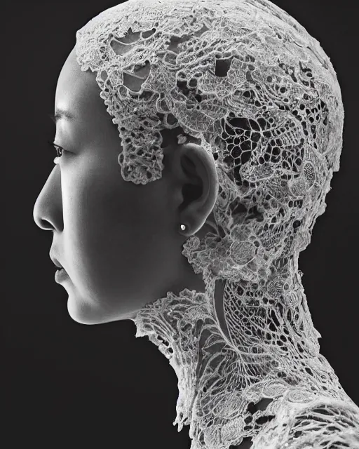 Image similar to a chinese woman's face in profile, made of intricate lace skeleton, in the style of the dutch masters and gregory crewdson, dark and moody