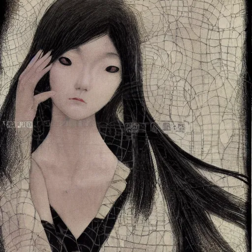 Prompt: yoshitaka amano blurred and dreamy realistic portrait of a woman with black eyes and white hair wearing dress suit with tie, junji ito abstract patterns in the background, satoshi kon anime, noisy film grain effect, highly detailed, renaissance oil painting, weird portrait angle, blurred lost edges, three quarter view