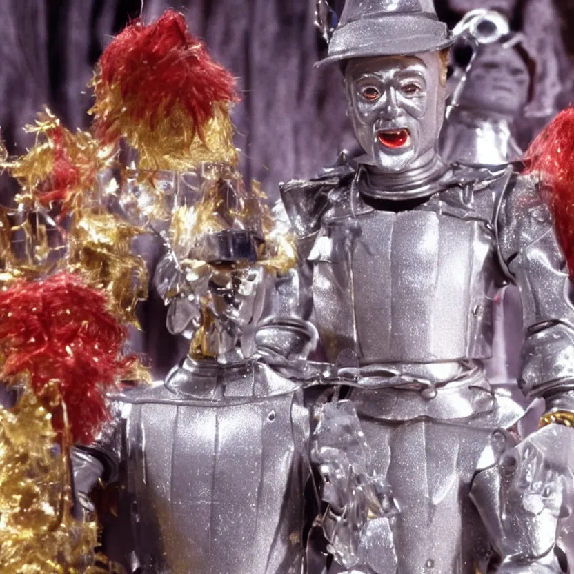 Image similar to a still from a tv commercial for an action figure of happy christopher walken as the tin man from the wiz the movie, singing & dancing, 4 k, highly detailed, award winning, look at all that detail!