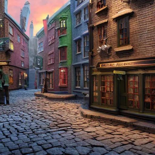 Prompt: photo of a diorama of diagon alley, outside view, extreme details, soft lighting, realistic octane render, depth of field, tilt shift, 8k