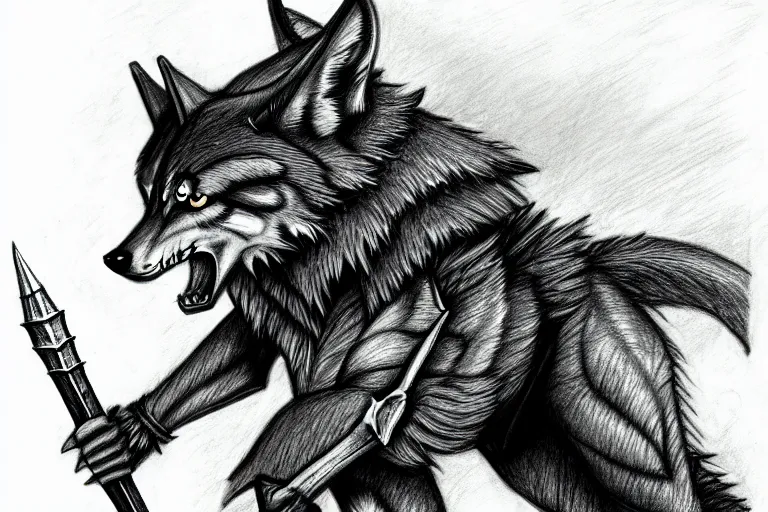 Image similar to a pencil drawing of a wolf, full body, D&D, armor, made by by Pen Tacula