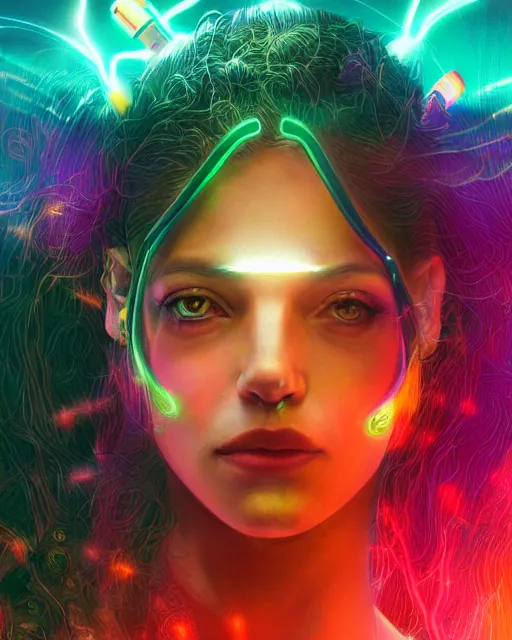 Image similar to a cyberpunk close up portrait of cyborg medusa, electricity, rainbow, snakes in hair, sparks, bokeh, soft focus, skin tones, warm, daylight, geometric, by unreal engine, paul lehr, jesper ejsing