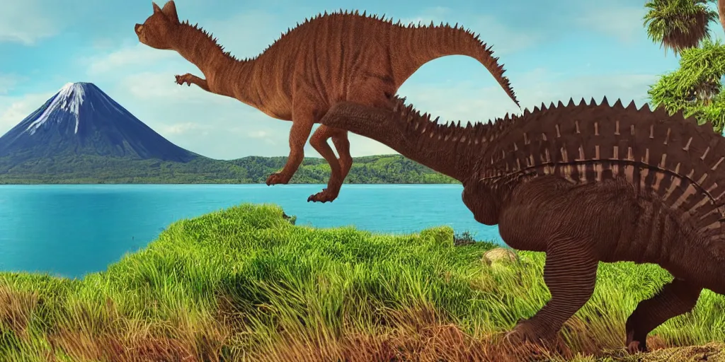 Prompt: a cat that looks like a stegosaurus walking through a Jurassic landscape with a lake and an active vulcano in the background, photorealistic digital art in the style of Henri Roussaue,
