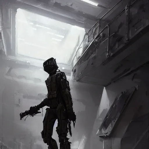 Image similar to concept art by greg rutkowski, soldiers wearing futuristic white and black tactical gear, preparing for combat, brutalist futuristic interior, dim lighting, detailed portraits, nostalgic atmosphere, scifi, digital painting, artstation, concept art, smooth, sharp foccus ilustration, artstation hq