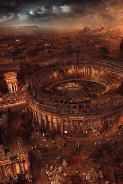 Image similar to rome after a fallout, wide angle, redscale photography, dramatic lighting, photorealistic, cinematic lighting, high detail, cinematic feel, high octane, 4 k, unreal engine, digital render, intricate, ultra realistic, concept art