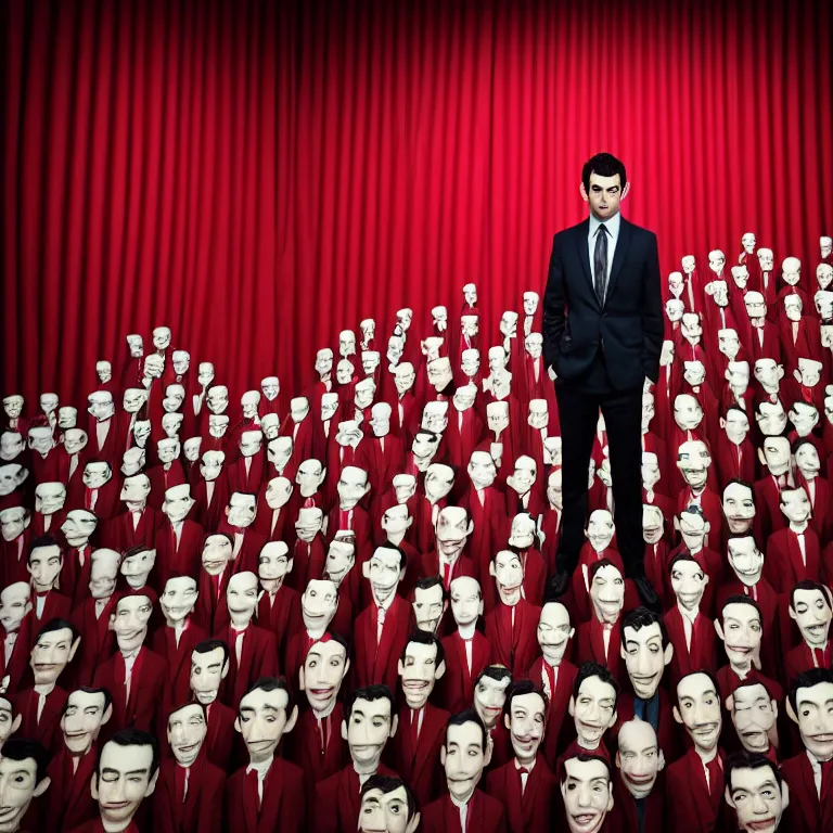 Image similar to focused dslr medium shot photograph of nathan fielder standing in front of dozens of nathan fielder puppets on strings from nathan for you on comedy central on a stage with a red curtain, meta, fractal, trippy, high detail!!! 8 k!!!!, photorealism!!!, sharp focus!!! coherent!!!