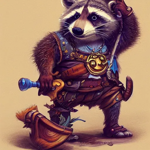 Image similar to a whimsical raccoon wearing bard clothing by Justin Gerard, concept art, highly detailed