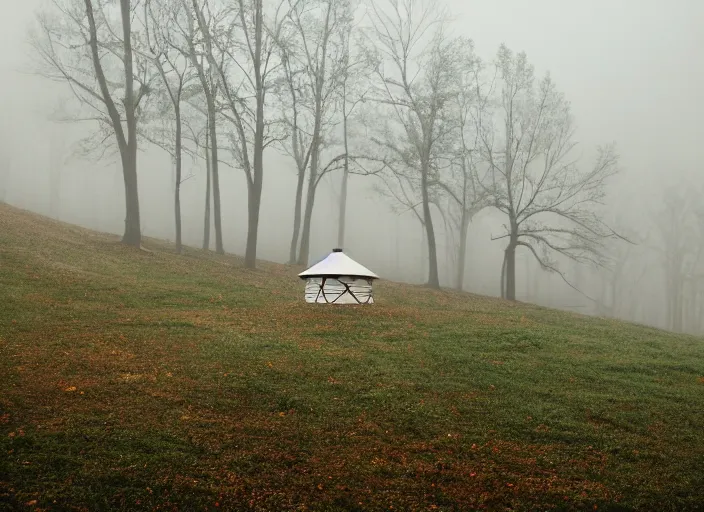 Prompt: a lone yurt on a hill overlooking the blue ridge mountains on a foggy morning