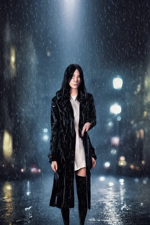Prompt: highly detailed close-up of a beautiful girl with a very stylish trenchcoat on an empty street at night by Ilya Kuvshinov, black medium length Dutch bob cut hair with straight bangs, heavy rain and mist, streetlights, rich cinematic atmosphere, poster, film noir, krenz cushart, depth of field, digital art
