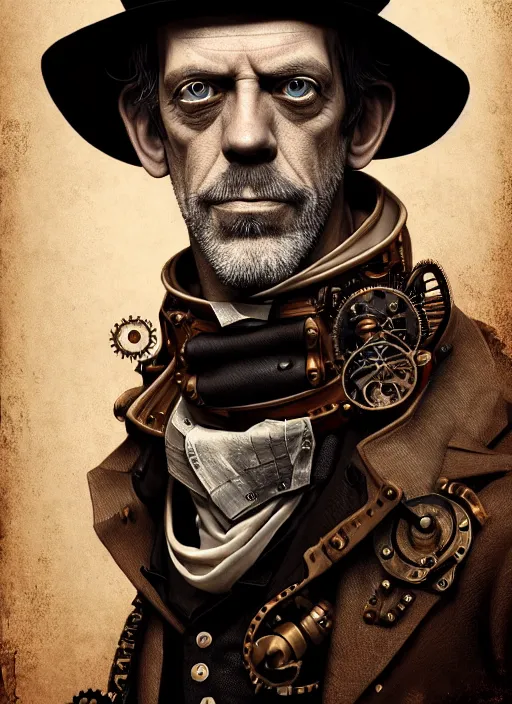 Image similar to steampunk portrait of hugh laurie, au naturel, hyper detailed, digital art, trending in artstation, cinematic lighting, studio quality, smooth render, unreal engine 5 rendered, octane rendered, art style by klimt and nixeu and ian sprigger and wlop and krenz cushart.