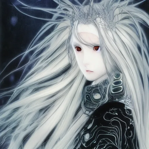 Image similar to yoshitaka amano blurred and dreamy realistic illustration of an anime girl with wavy white hair and cracks on her face wearing elden ring armour with the cape fluttering in the wind, abstract black and white patterns on the background, noisy film grain effect, highly detailed, renaissance oil painting, weird portrait angle