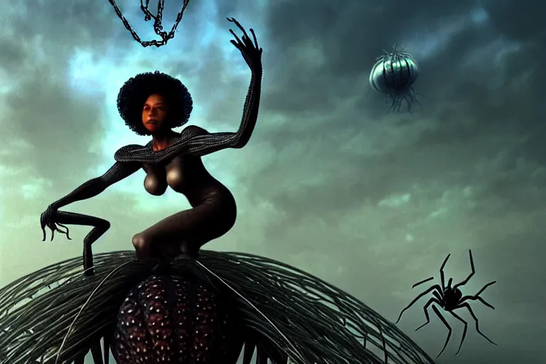 Image similar to realistic detailed photorealistic closeup portrait movie shot of a beautiful black woman riding a giant spider, dystopian city landscape background by denis villeneuve, amano, yves tanguy, alphonse mucha, ernst haeckel, david lynch, edward robert hughes, roger dean, cyber necklace, rich moody colours, sci fi patterns, wide angle