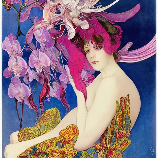 Image similar to majestic colorful orchid mantis by leon bakst and yoshitaka amano, beautiful hyperdetailed art nouveau orchids, james jean, carlos schwabe, amanda sage