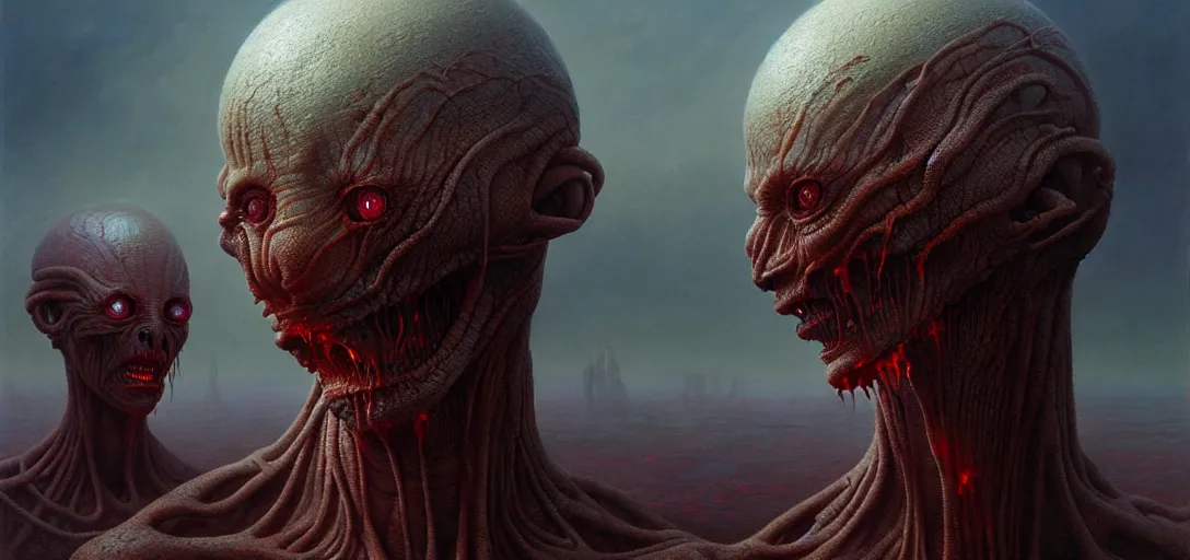 Image similar to hellish translucent alien creatures with realistic human faces and skin on an alien world, artstyle zdzisaw beksinski and greg rutkowski, very intricate details, high resolution, 4 k