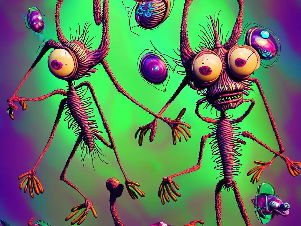 Prompt: cartoon style of bugs life, rick and morty weird monsters, trending on deviantart, tryptamine, ernst haeckel toon shader, cartoon style, octane, monster