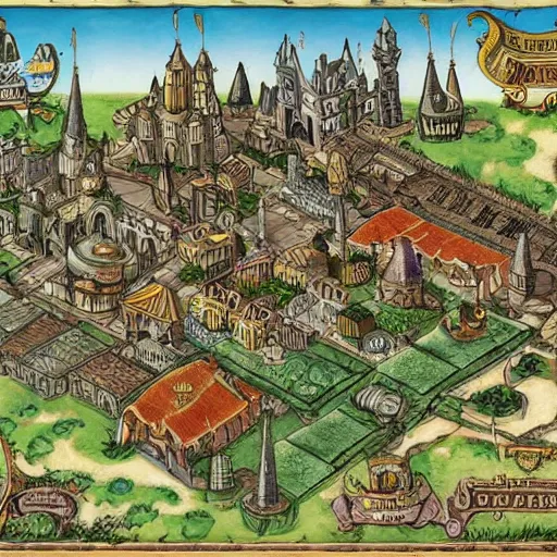 Prompt: map of a fantasy city with a castle, a tempme and a market. very detailed.