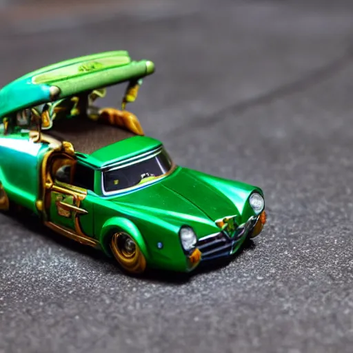 Prompt: 3 5 mm photo of metallic green zelda car like hot wheels model with a hyrule as background, epic cinematic, epic lighting