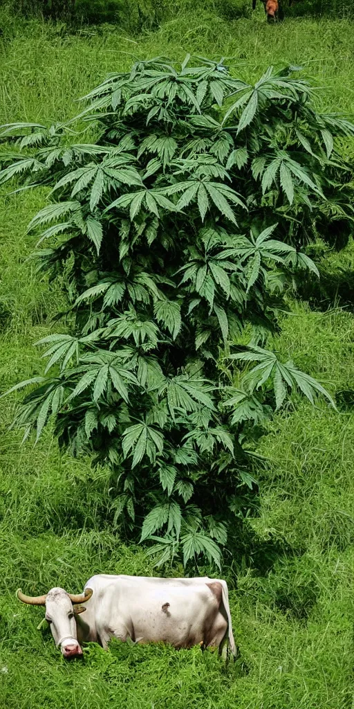 Prompt: giant marihuana plant with cows sleeping in it's shade