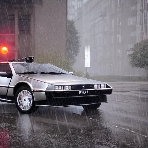 Image similar to hyperdetailed, photorealistic photograph of a dmc 1 2 delorean driving in the streets, rain, night, dense fog, hd, unreal engine 5