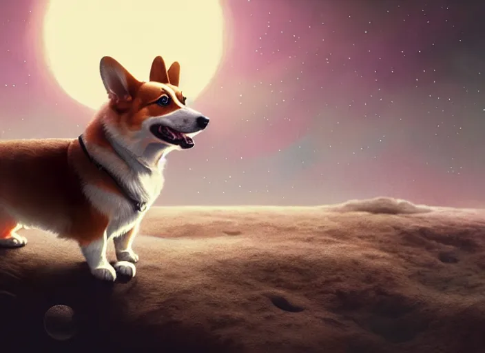 Image similar to highly detailed illustration of a corgi on the moon, artstation, cinematic lighting, hyperdetailed, cgsociety, 8k, high resolution, Charlie Bowater, Tom Bagshaw, Norman Rockwell, insanely detailed and intricate