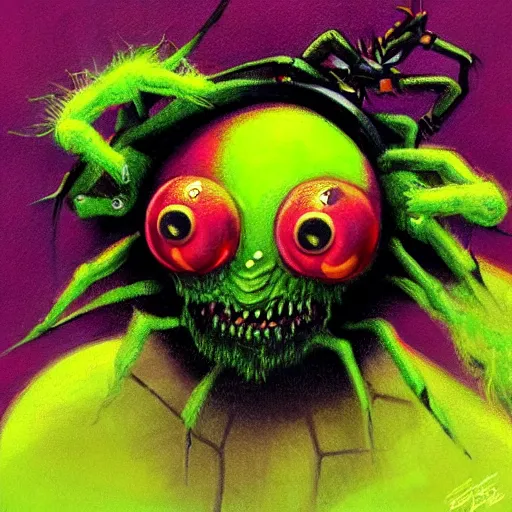 Image similar to a tennis ball monsters ,spider, colorful, digital art, fantasy, magic, trending on artstation, ultra detailed, professional illustration by Basil Gogos