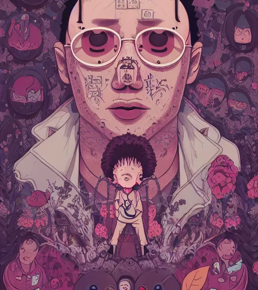 Image similar to portrait, nightmare anomalies, leaves with gangsters by miyazaki, violet and pink and white palette, illustration, kenneth blom, mental alchemy, james jean, pablo amaringo, naudline pierre, contemporary art, hyper detailed