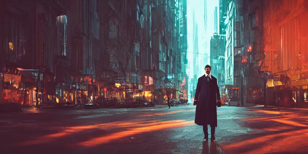 Image similar to man dressed in the directoire style in a cyberpunk city, photograph, cinematic, top down camera, rgb,