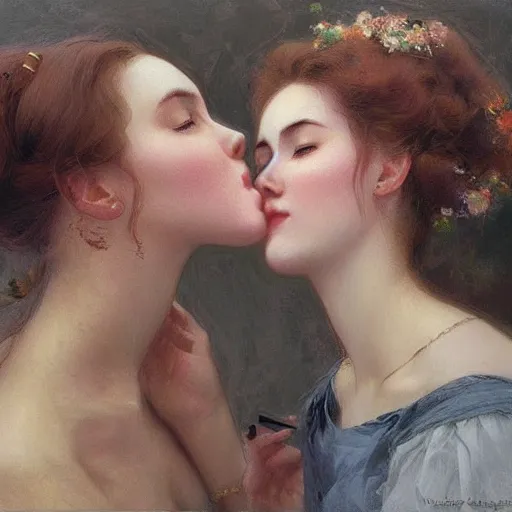 Image similar to Two beautiful women leaning in for a kiss, vertical symmetry, vintage shading, romance, photorealistic, highly detailed, by Ilya Repin and artgerm