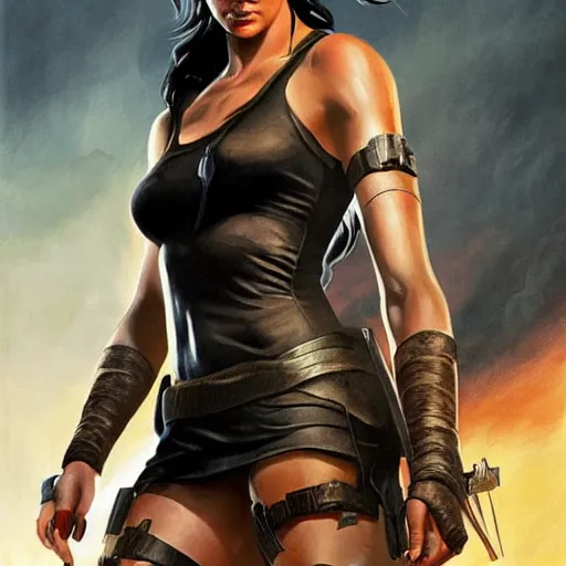 Prompt: Gal Gadot as Tomb Raider. Moody light. Girl power. Movie poster art. Boris Vallejo