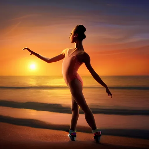 Image similar to a beautiful ballet dancer on a beach at sunrise, volumetric lighting, breathtaking, beautiful composition, intricate, elegant, digital art, detailed, oil painting, hyperrealistic, sharp focus, 8k