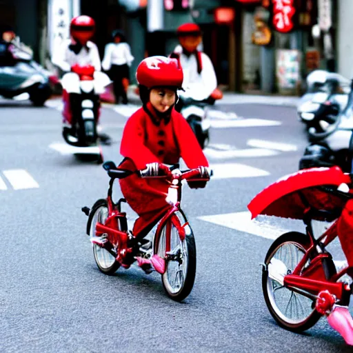 Image similar to tiny cute red dragons riding a bike in the streets of tokyo