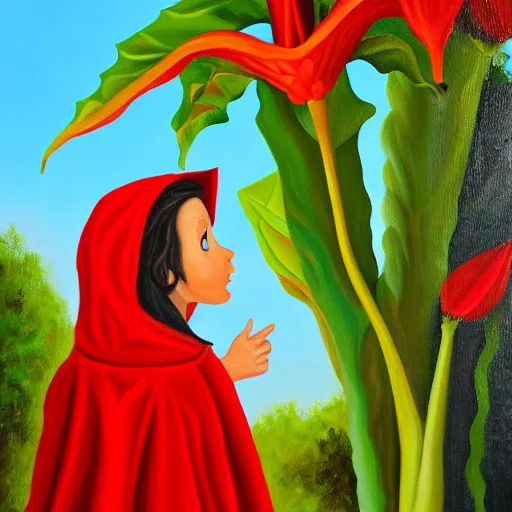 Prompt: oil painting of little red riding hood gazing up at brugmansia suaveolens flowers