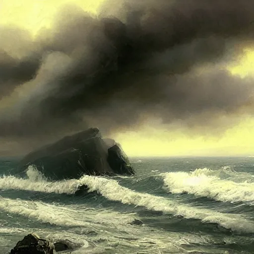 Prompt: rocks being lashed by waves and singing, stormy weather, ocean, painting by greg rutkowski