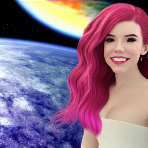 Image similar to photo realistic photo of belle delphine posing in space