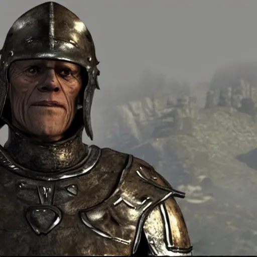 Image similar to willem dafoe in skyrim in steel plate armor